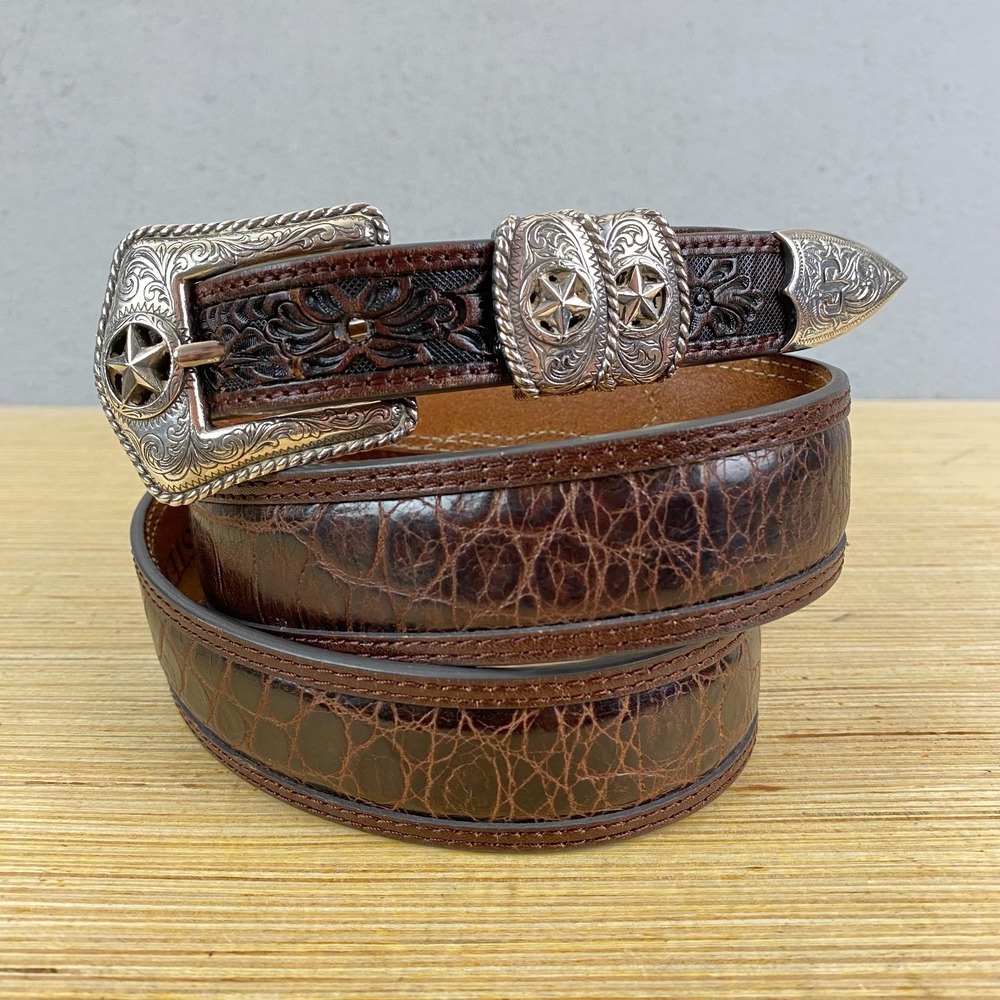 Stetson Mens Tooled Leather Belt 44 stars 9911500 brown silver